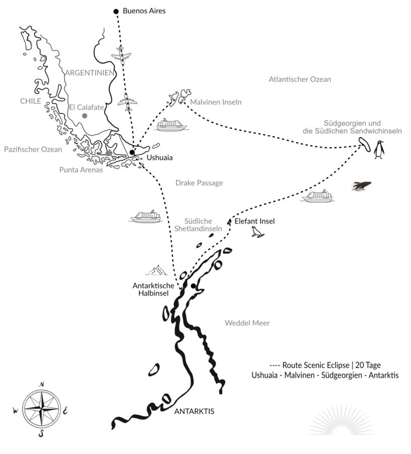Antarktis Karte für Kreuzfahrt Scenic Eclipse Route Antarktis und Falklandinseln_New