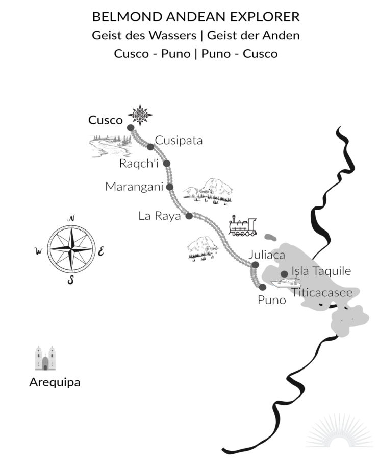 Luxus Zugreise Peru Route 3 Karte Andean Explorer Geist des Wassers und Geist des Anden