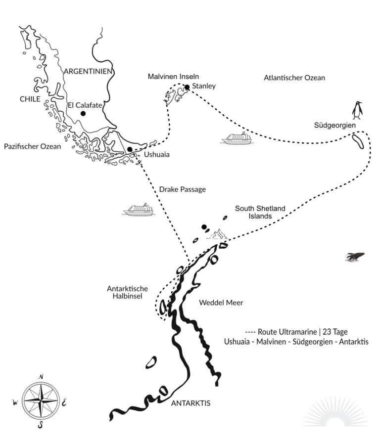 Luxusexpeditionsschiff Antarktis Karte für Kreuzfahrt Ultramarine Route Südgeorgien